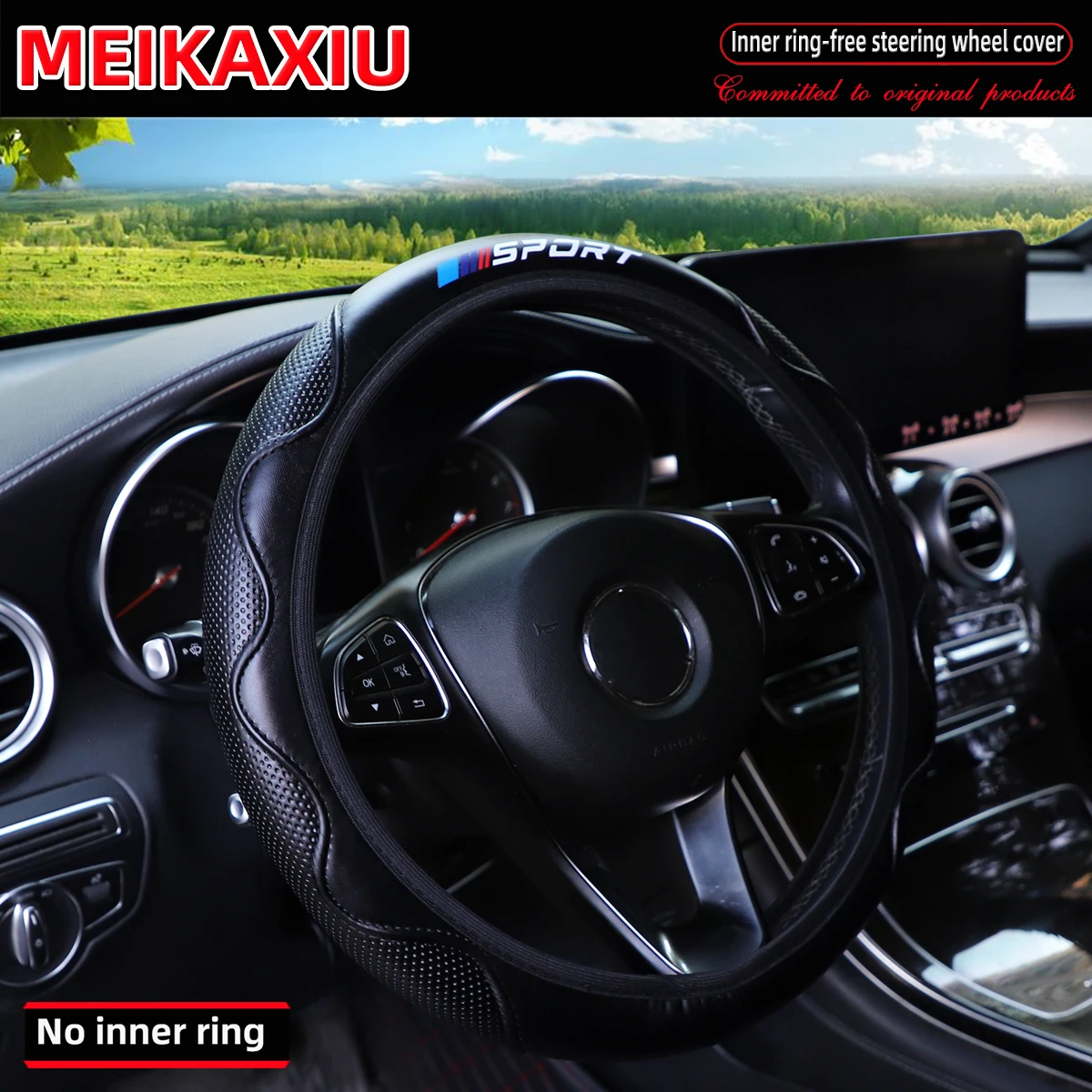 SPORT Steering Wheel Cover PU Soft Leather Artificial Sheepskin Embossed Comfortable Rimless Design for 37-38cm