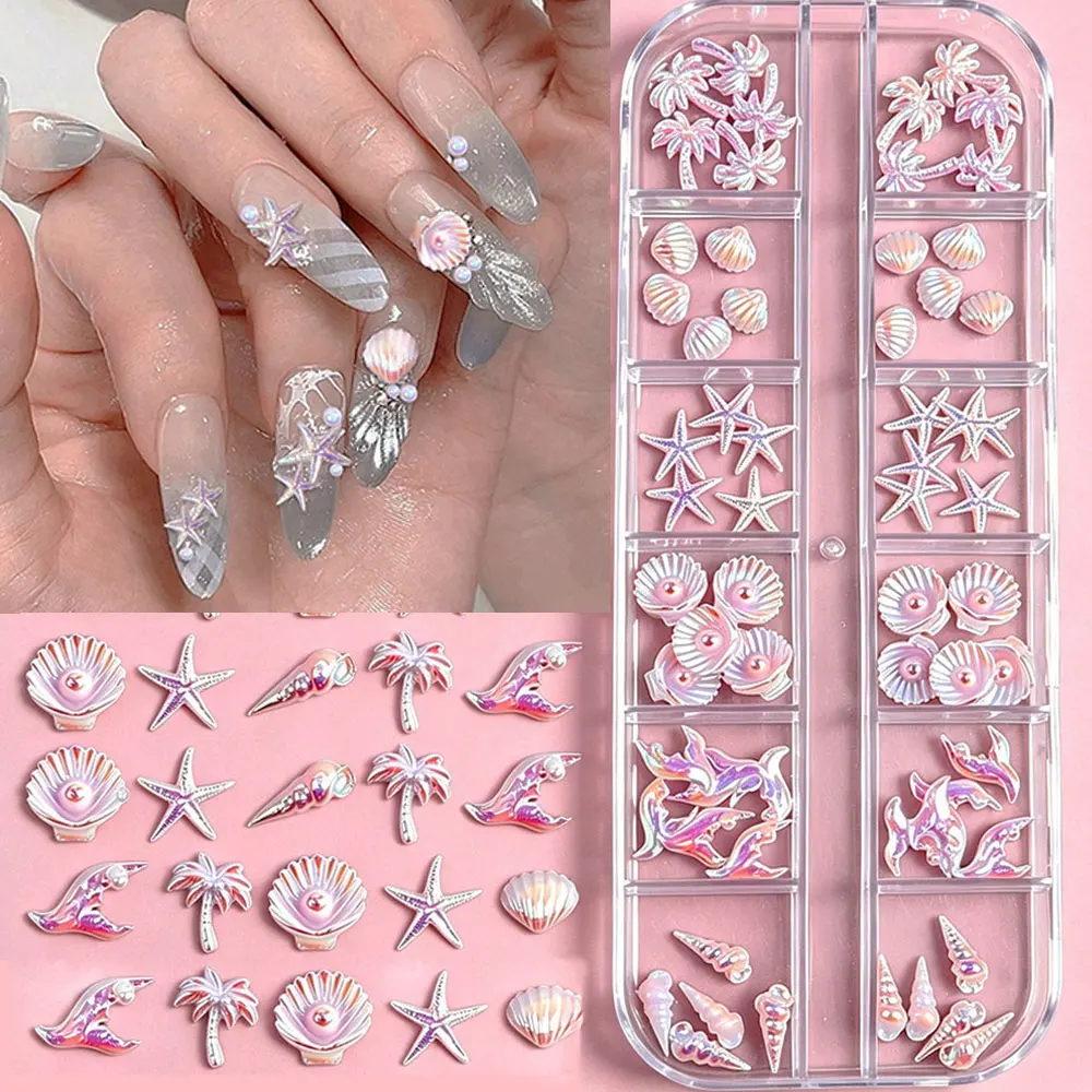 60pcs/12grid Summer Ocean Nail Charms 3D Coconut Tree/Shell/Starfish/Fish Tail/Conch Nail Decoration Resin Summer Nail Supplies