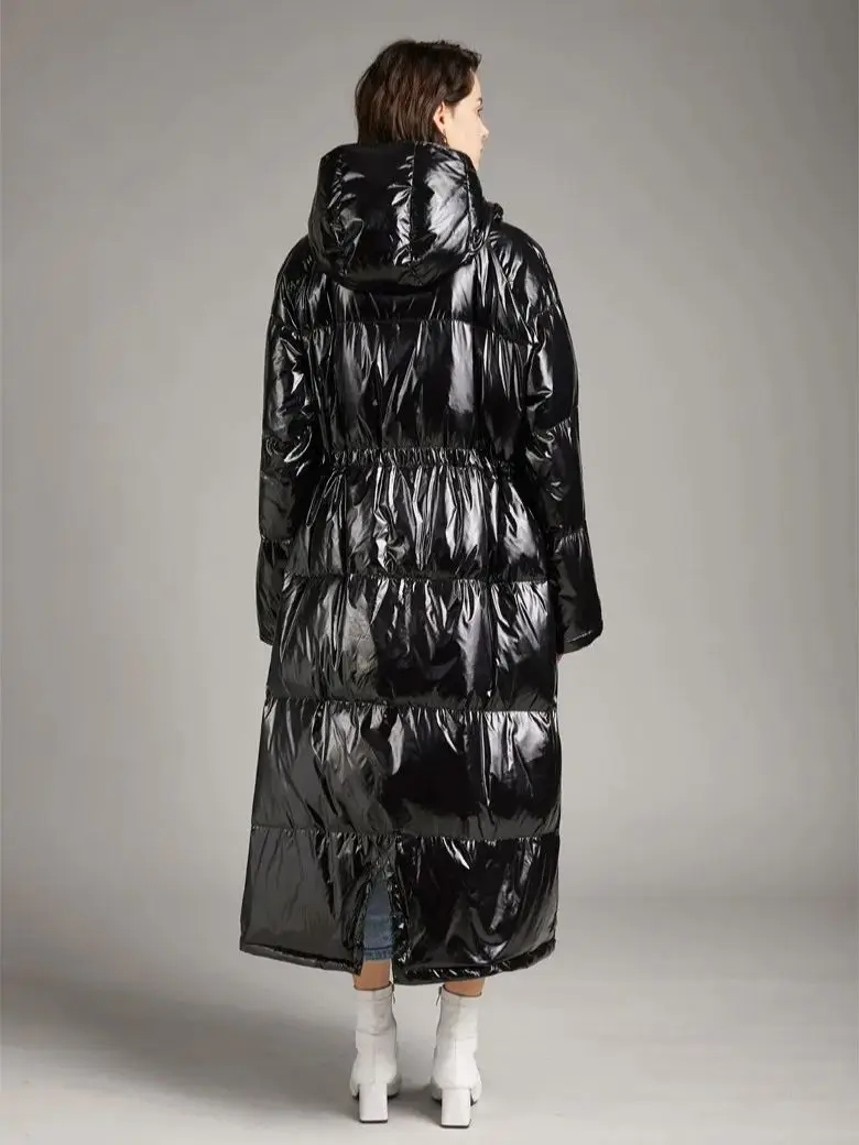 Winter European Fashion Popular Glossy X-Long White Duck Down Jacket Female Oversized Waterproof Parkas Hooded Bright Coat F474