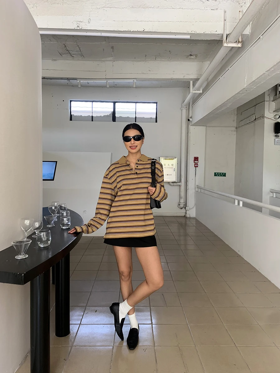 Gogo Burn American Pure Cotton  Neck T-Shirt Women's Loose Long Sleeve Striped Top Vintage Style Button Design for Autumn