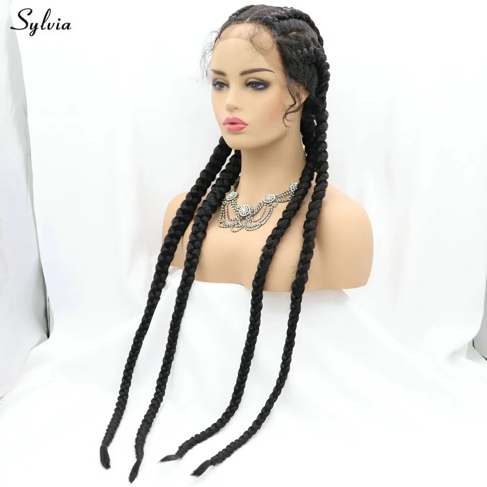 Sylvia Box Braided Synthetic Lace Front Wigs for Black Women with Baby Hair 4 Braided Wig 30 inch Free Part Natural Hairline Wig