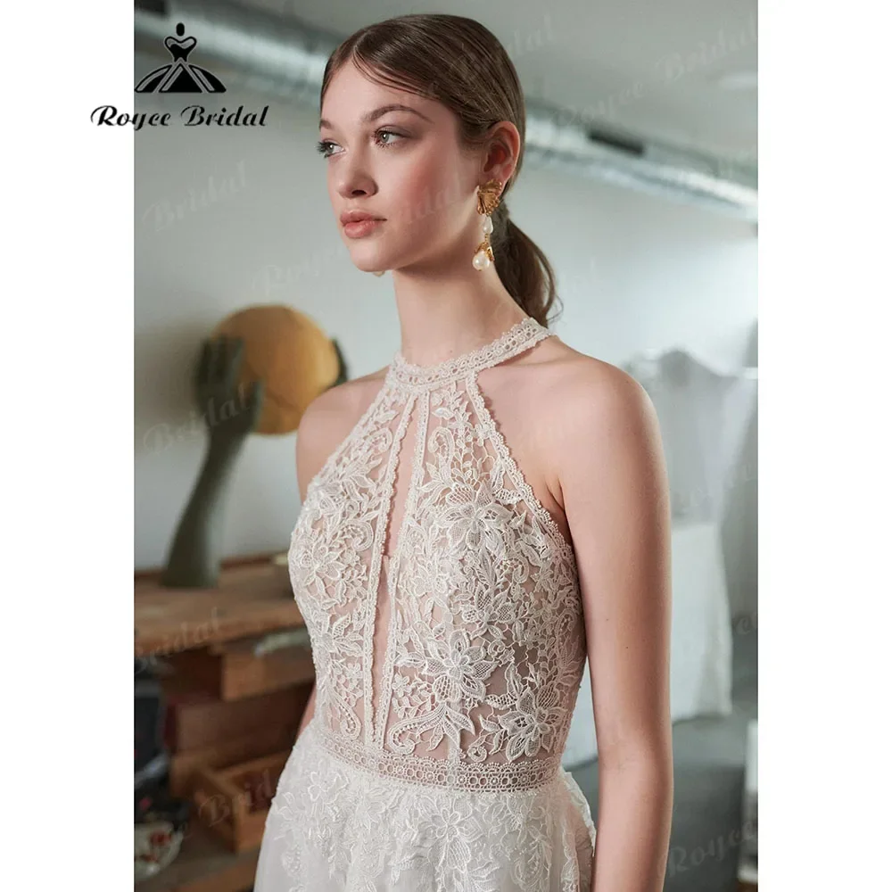 Robe de Mariée Boho en Dentelle, Dos aux, Col Licou Fendue sur le Côté, Style Bohème, pour Femme, 2025