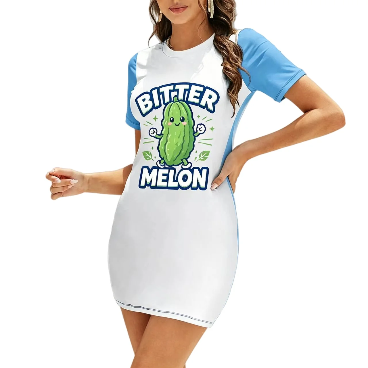 Women Cartoon Bitter Melon Print Color Block Raglan Short Sleeve Mini Dress Funny Bitter Letter Bodycon Club Party Tight Dresses