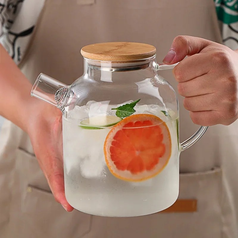 Glass Teapot with Bamboo Lid Transparent Heat-Resistant Thicken Glass Pitcher Cold Water Jug Household Puer Kettle Tea Pot
