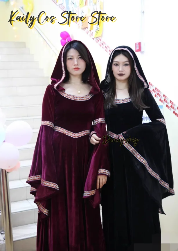 

Halloween Gothic Hoodie Witch Cosplay 코스프레 Medieval Retro Women's Dresses Long Skirt Halloween Vampire Adult Role-play Suits