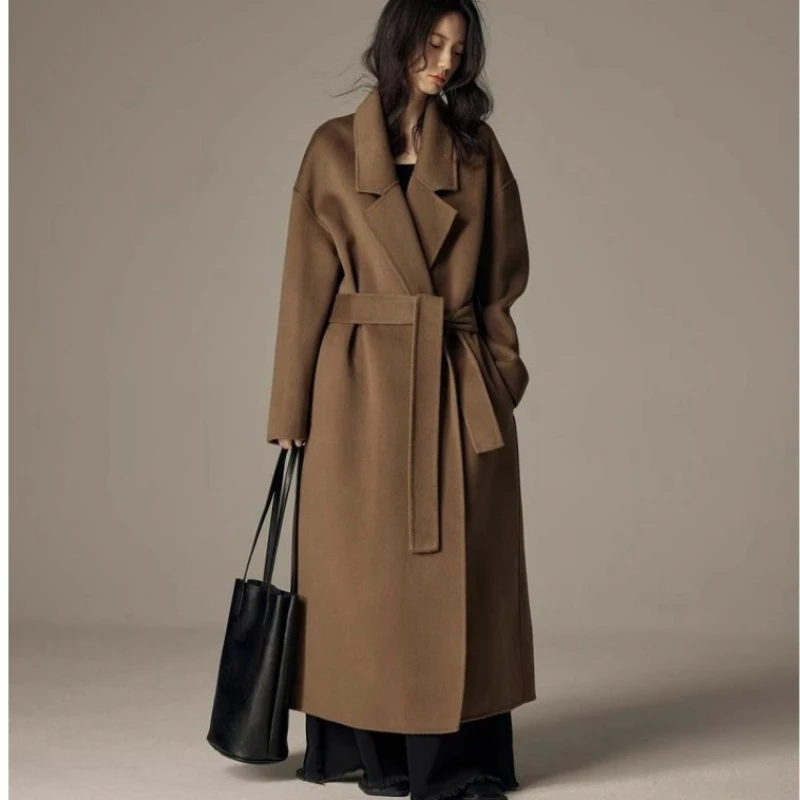 

2025 Winter Fall Women Suit Collar Sash Loose Thick Warm Long Woolen Padded Coat , Woman Autumn Female Elegant Wool Coats