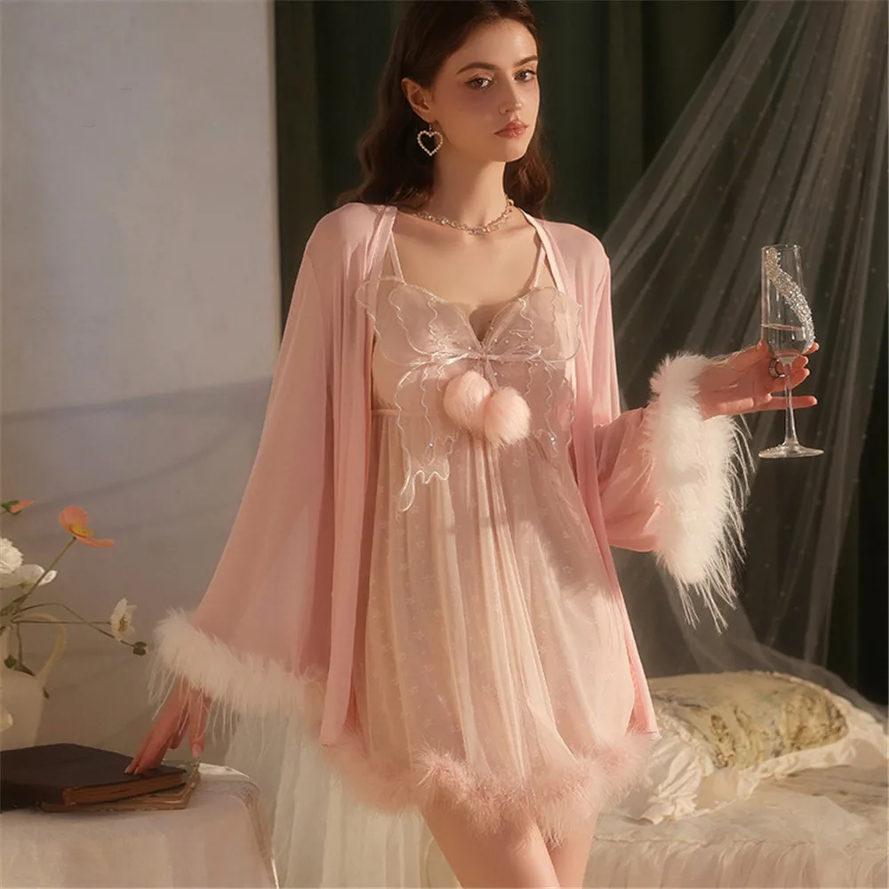 

Кружевной сетчатый халат с аппликацией в виде бабочки, ночная рубашка, сексуальная одежда для сна с отделкой из пульса, осенняя ночная рубашка, женская ночная рубашка, свободный халат, костюм