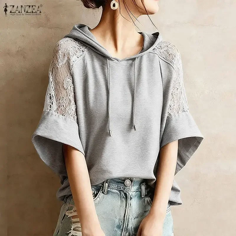 

ZANZEA модная женская летняя блузка, кружевные лоскутные топы, туника, 2026, повседневные рубашки с короткими рукавами и капюшоном, пуловеры, толстовки, однотонные Blusa