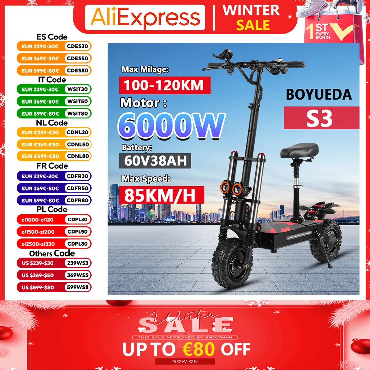 BOYUEDA S3 E-Scooter 6000W Double Motor 60V 38AH Lithium Battery Off-road Scooters Electric 11Inch City Folding Electric Scooter