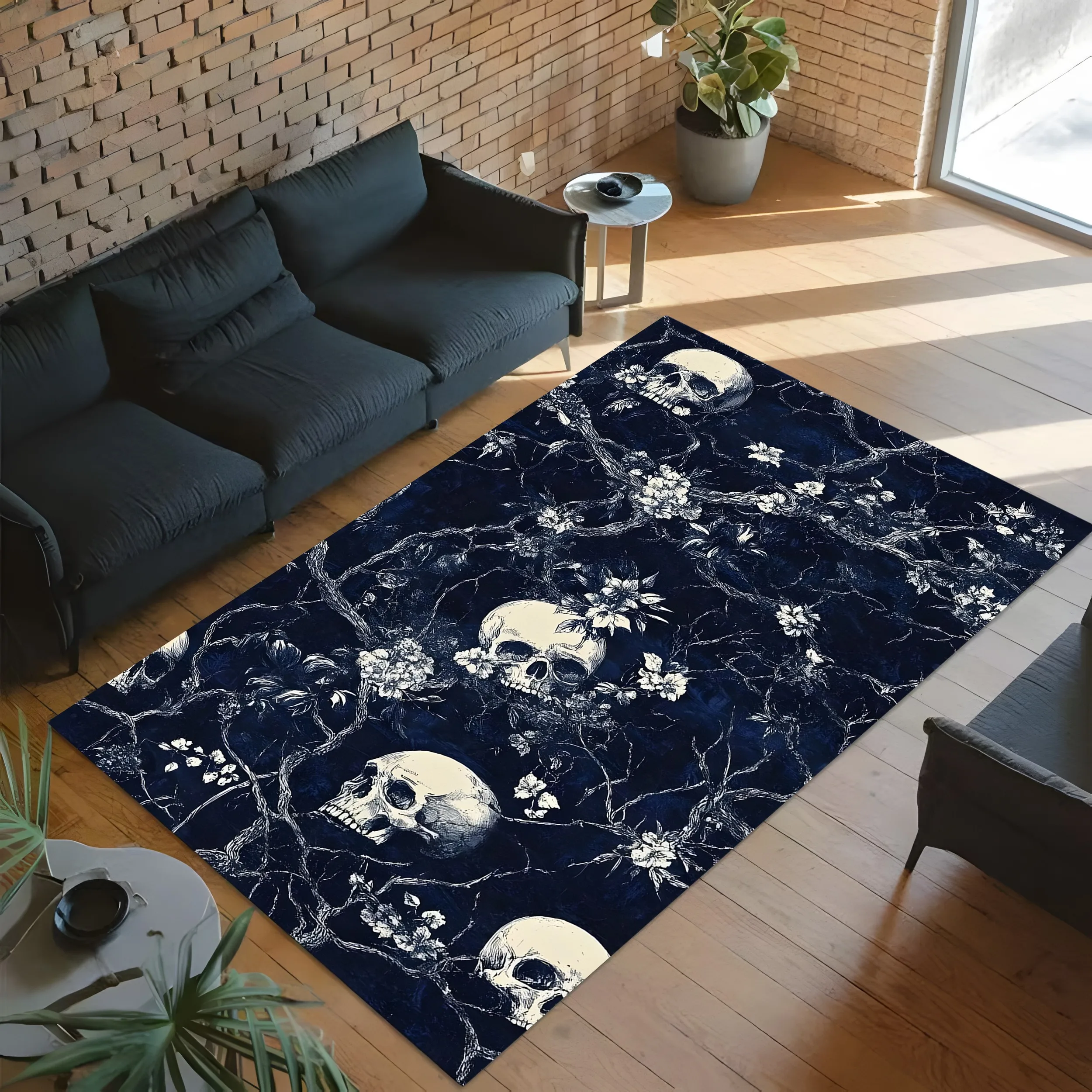 Withered Vine Skull Floral Print Gothic Dark Halloween Velvet Rug for Entryway Bedroom Living Room Spooky Decor