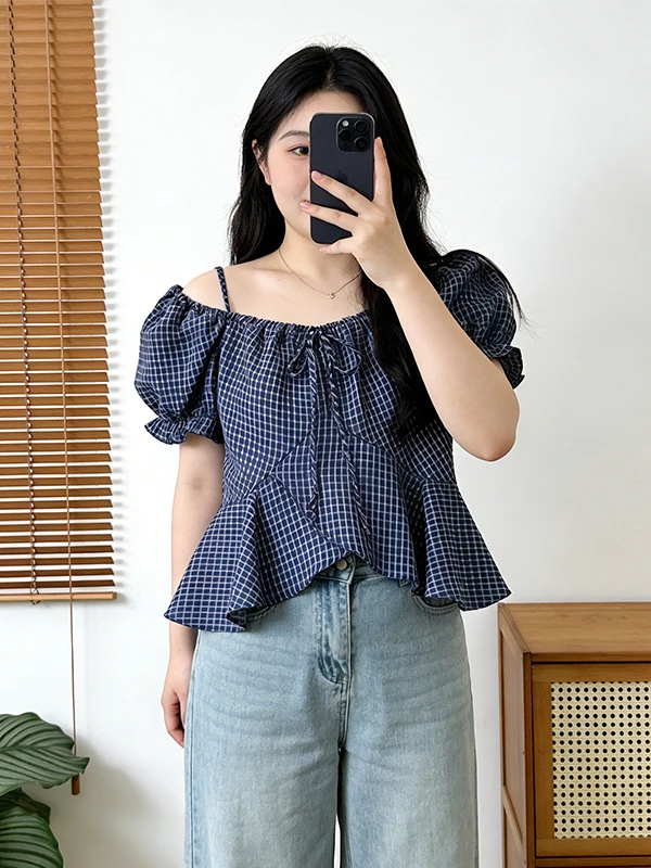 

Синяя клетчатая рубашка с короткими рукавами-фонариками, женская летняя новинка, топ в стиле «бессеренежная кукла», корейский стиль, модная повседневная рубашка стандартного кроя