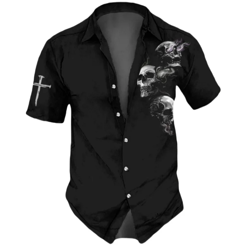 Horror Skulls Print  Men\'s Shirts Summer Hip Hop Style Short Sleeve Lapel Shirts For Men Streetwear Hawaiian Beach Holiday Shirt