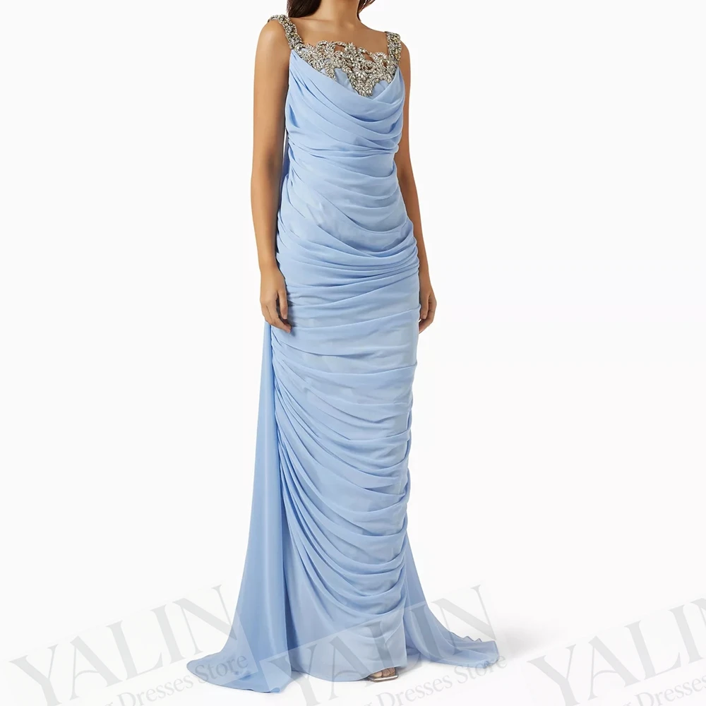 

Women's Mermaid Evening Dresses Floor-length Spaghetti Strap Sleeveless Prom Dresses Fashion Crystal Draped Customized Gowns