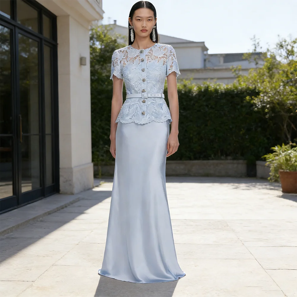 

Fashion Button with Adjustable Sash Prom Gowns Women's O-neck Short Sleeve Two Piece Evening Dress Customized A-line Party Dress