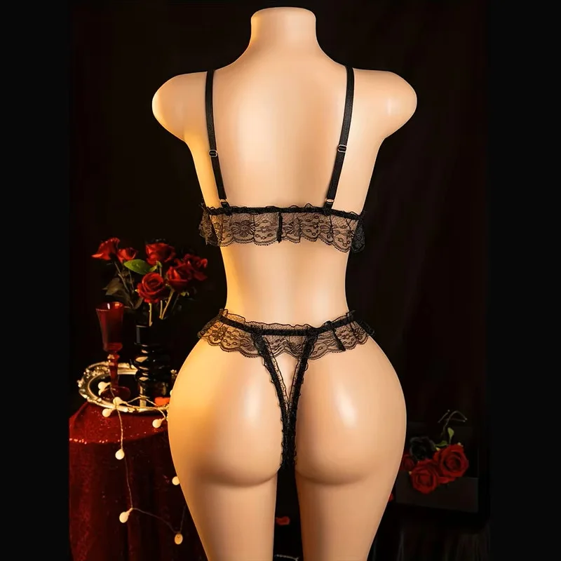 Sexy Bras Lingerie Trasparente Women Night Outfit Sets Bow Pearl Deep V Bra Crotchless Thong Set Sexy Two Piece Underwear Set view 4
