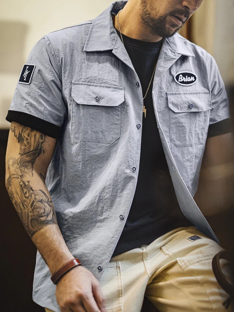 

Maden American Sle Cuban Collar irt Hard Man Vintage Men's Summer Breathable ort Sve Stand Fit Casual irt