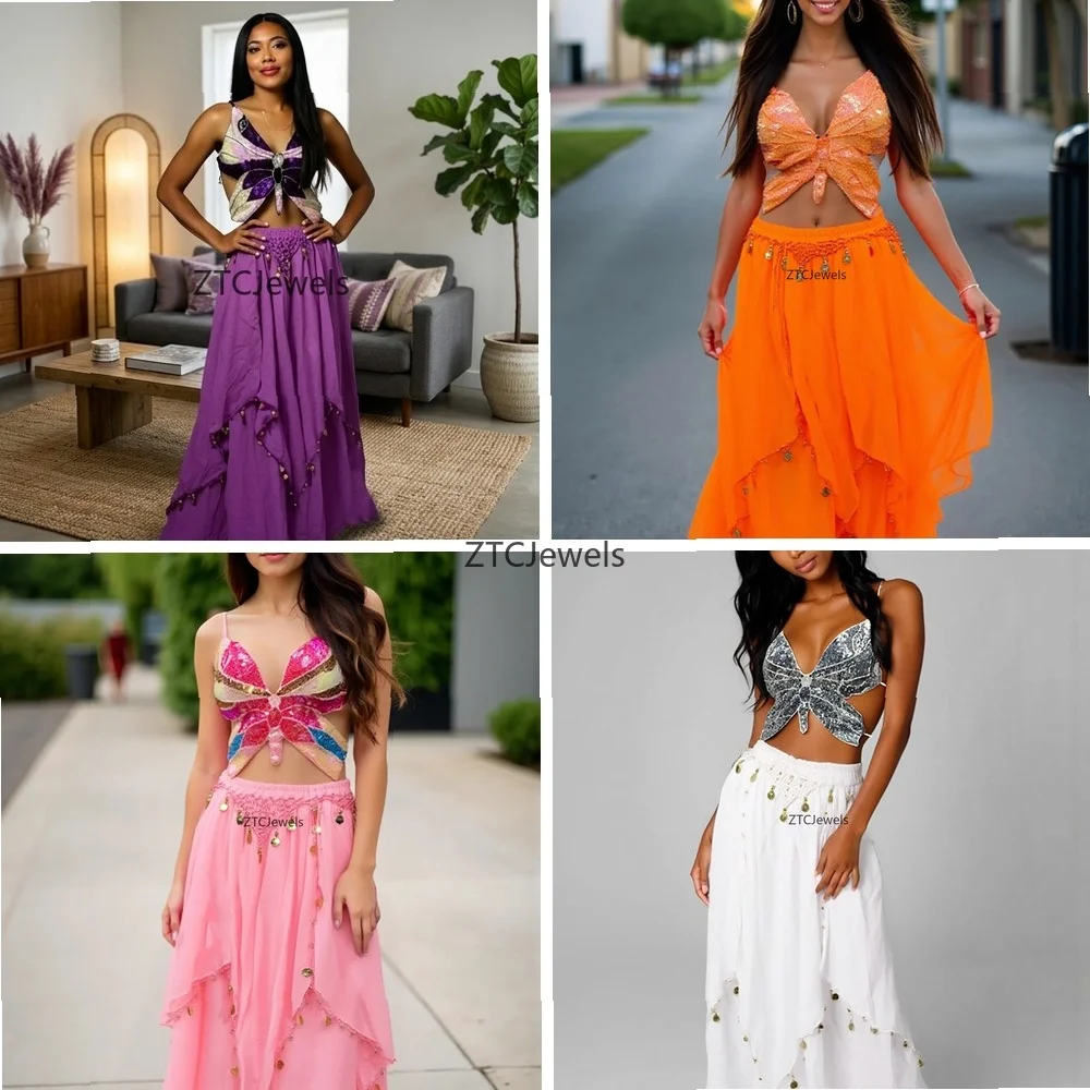 

Sequin Butterfly Belly Dance Costume Set Coins Chiffon Skirt Crop Top Women Performance Cosplay