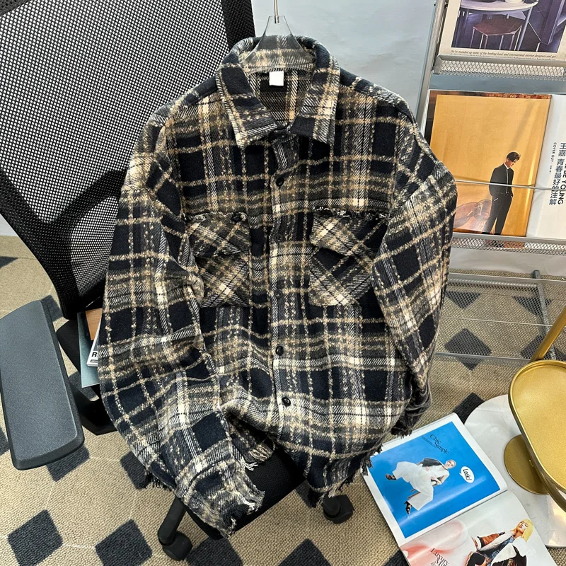 

Мужская свободная куртка в американском ретро-стиле с бахромой, в клетку, в уличном стиле, модный брендовый дизайн, осенняя верхняя одежда с длинными рукавами и квадратным воротником