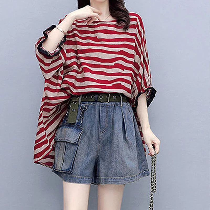 Trendy Women's Clothing Striped Print Oversized Streetwear Harajuku Y2K T-shirts Summer Female Casual Bat Sleeve Irregular Tops