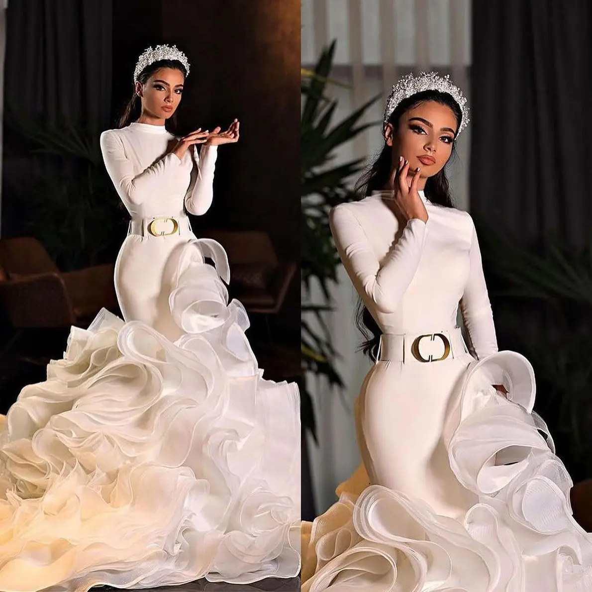 

Luxury Mermaid Wedding Dress Simple High Neck Tiered Ruffles Trumpet Bridal Gowns Long Sleeves Bohemian Robe De Soirée