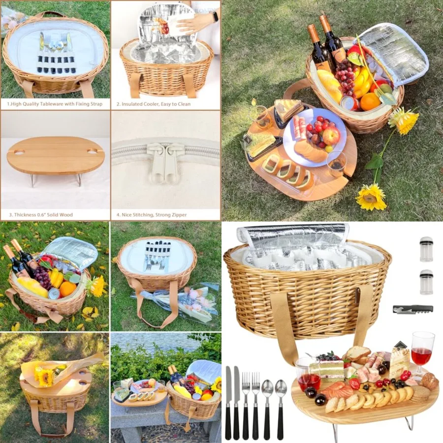 

Wicker Picnic Basket Set for with Mini Folding Wine Picnic Table and Large Insulated Cooler Bag and Cutlery Service Kits for, C