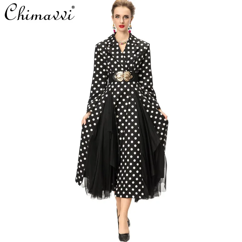 ファッションラペルレオパード柄長袖ダブルブレストベルト付きワイドヘムトレンチコート秋冬新作長袖エレガントコート