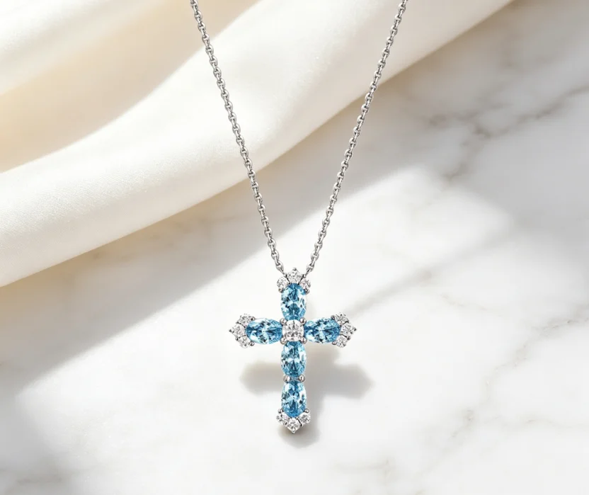 1pc Freeshipping Silver Aquamarine Cross Pendant Necklace for Women Men Genderless Topaz Lucky Pendant Jewelry For Party Gifts