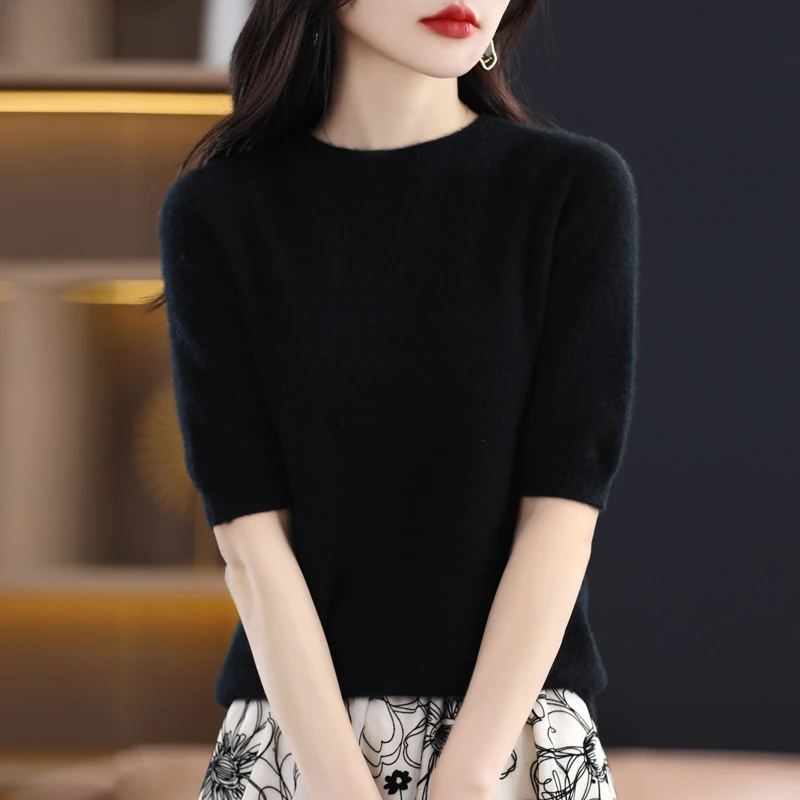 2023 Autumn and Winter Pure Cashmere Sweater Women's Round Neck Thin Sweater Simple Knitted Short Sleeve