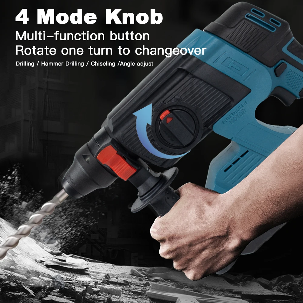 26MM Brushless Electric Heavy Duty Hammer Multifunctional Rotary Cordless Rechargeable Impact Drill for Makita 18V Battery