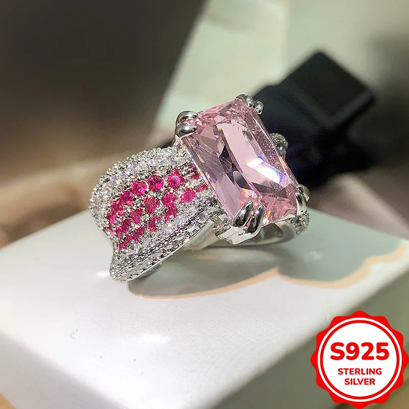 Exquisite and Elegant Genuine S925 Silver Inlaid Pink Diamond Ring Women's Personalized Open Index Finger Ring