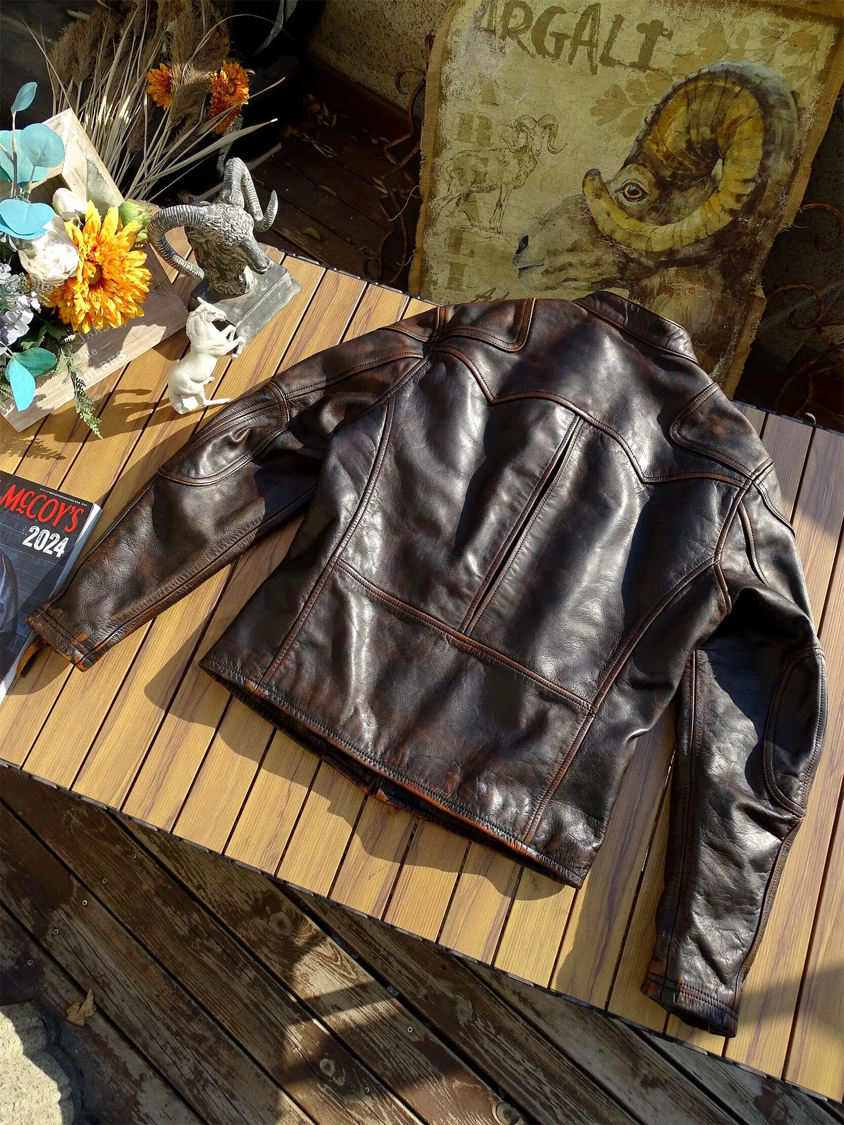 Vintage Men's Spring Autumn Fall Coat Genuine Leather Horsehide Goatskin Jacket for Male Motorcyclist Biker Brown Black 4XL 5XL