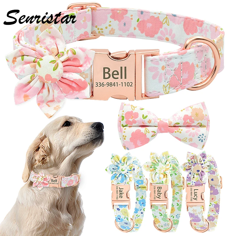 

Personalized Cute Flower Dog Name Collar Custom Engraved Bow Tie Metal Buckle Name Pet Dog Collar For Small Medium Large Dogs