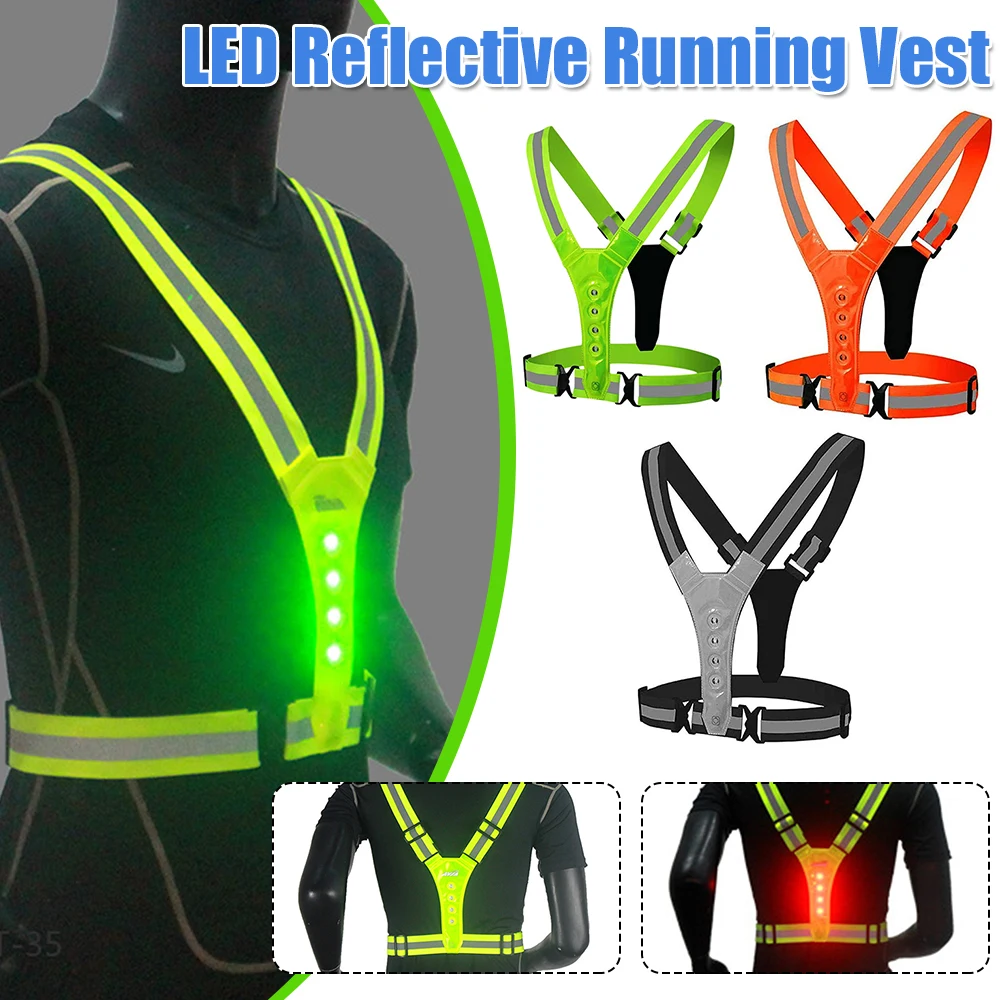 

LED Reflective Running Vest Adjustable Warning Lights Safety Gear for Women/Men Cycling Mountain Road Bike Supplies
