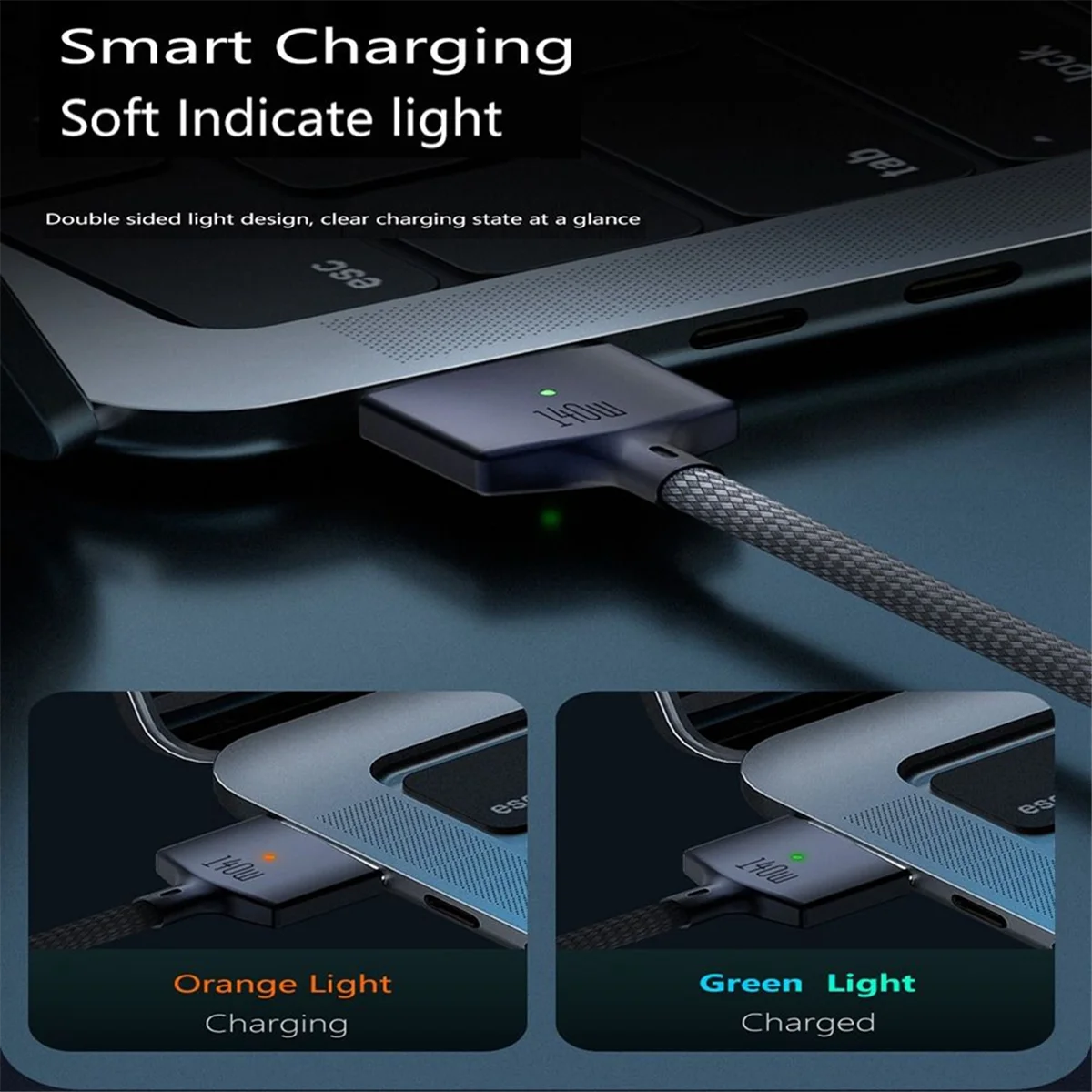 كابل شاحن سريع مغناطيسي PD 140 وات Magsafe 3 خط محول من سبائك الزنك لجهاز MacBook Air/Pro A2442/2485/2681، أزرق