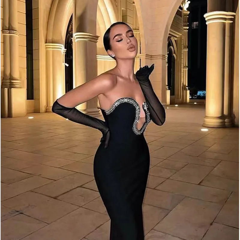 2024 New Summer Women Off the Shoulder Sexy Bodycon Long Dress Rayon Bandage Strapless Celebrity Red Carpet Dress High Quality