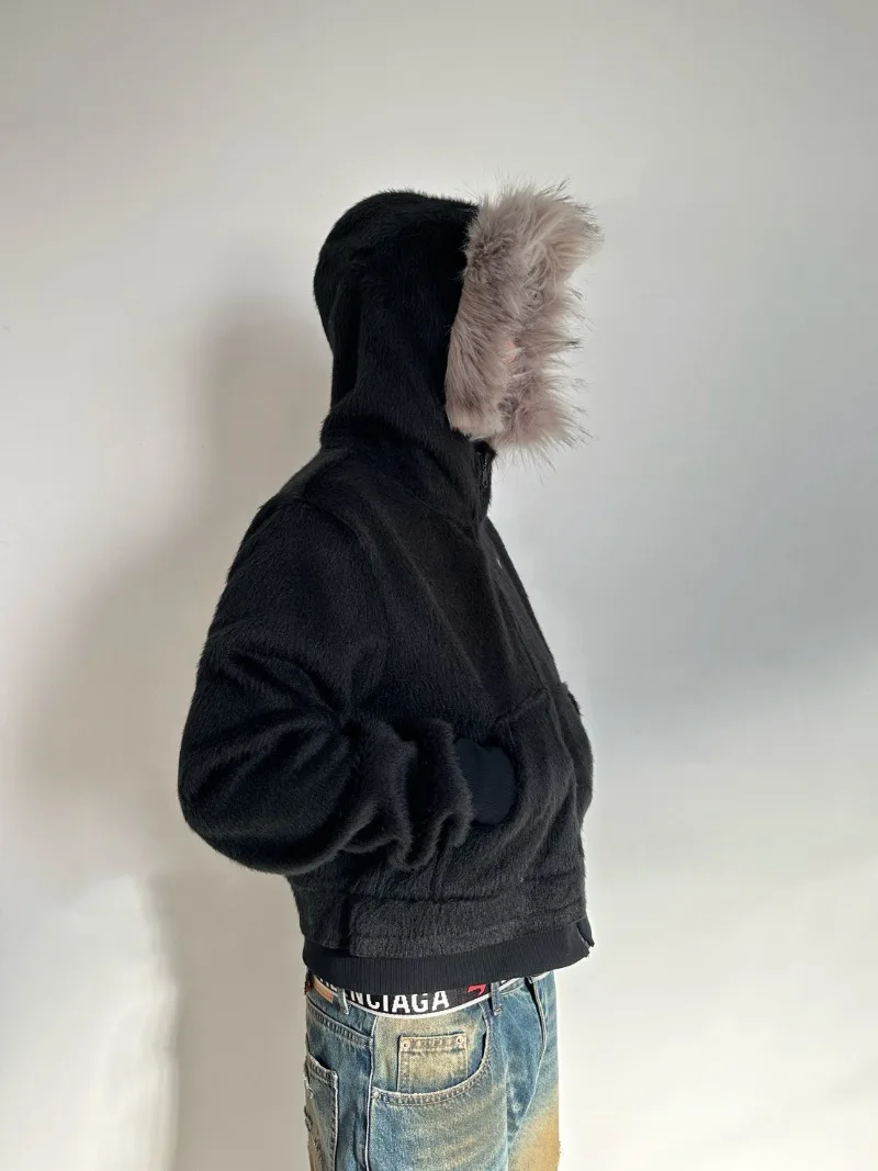 2025 Autumn Winter New American Retro Fur Collar Hooded Sweatshirt Short Casual Zipper Fashion Trendy Jacket Unisex