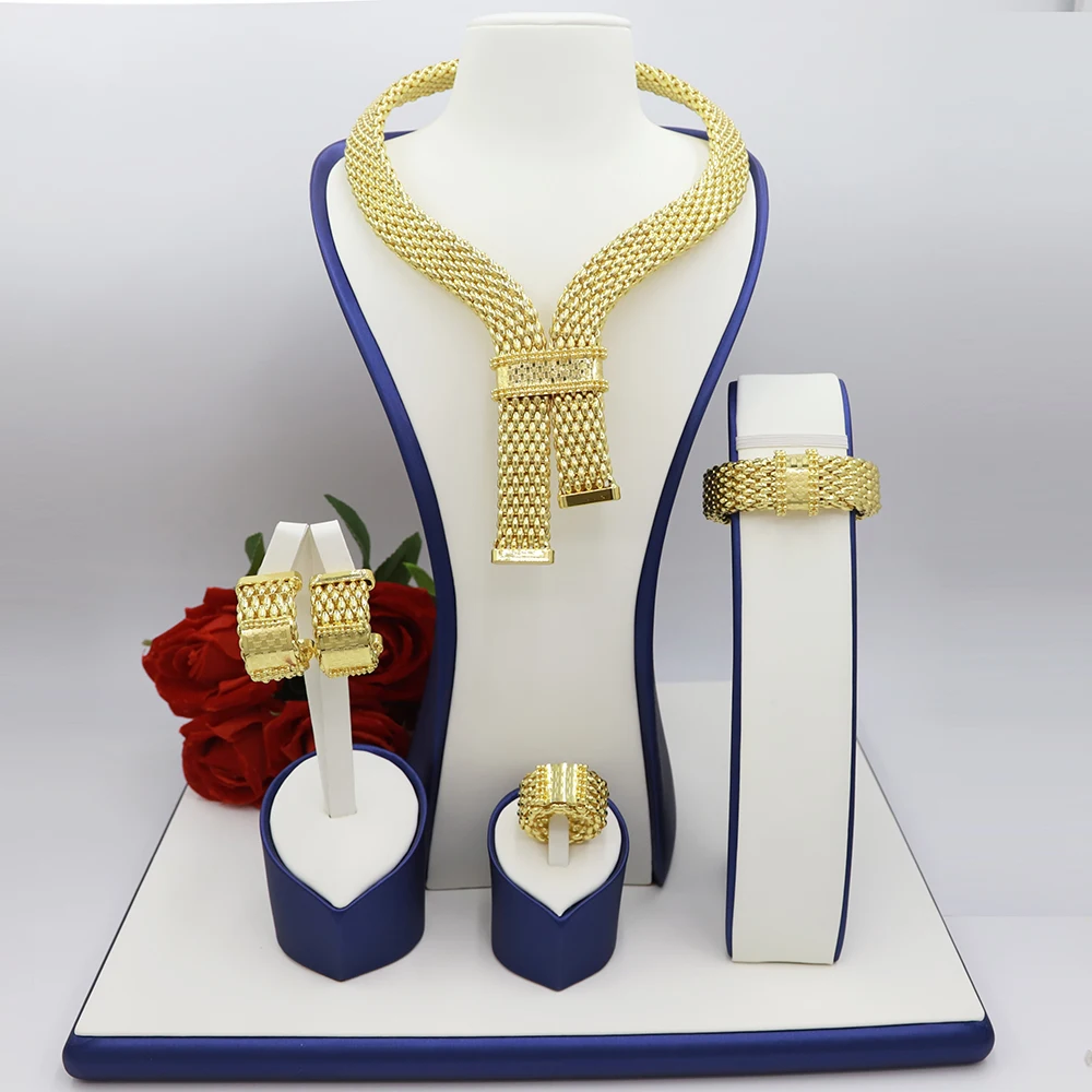 

Africa Gold Color Big Jewelry Set Simple Fashion Design 18K Gold Plated Exaggerate Big Necklace Earring Bracelet Ring Party Gift