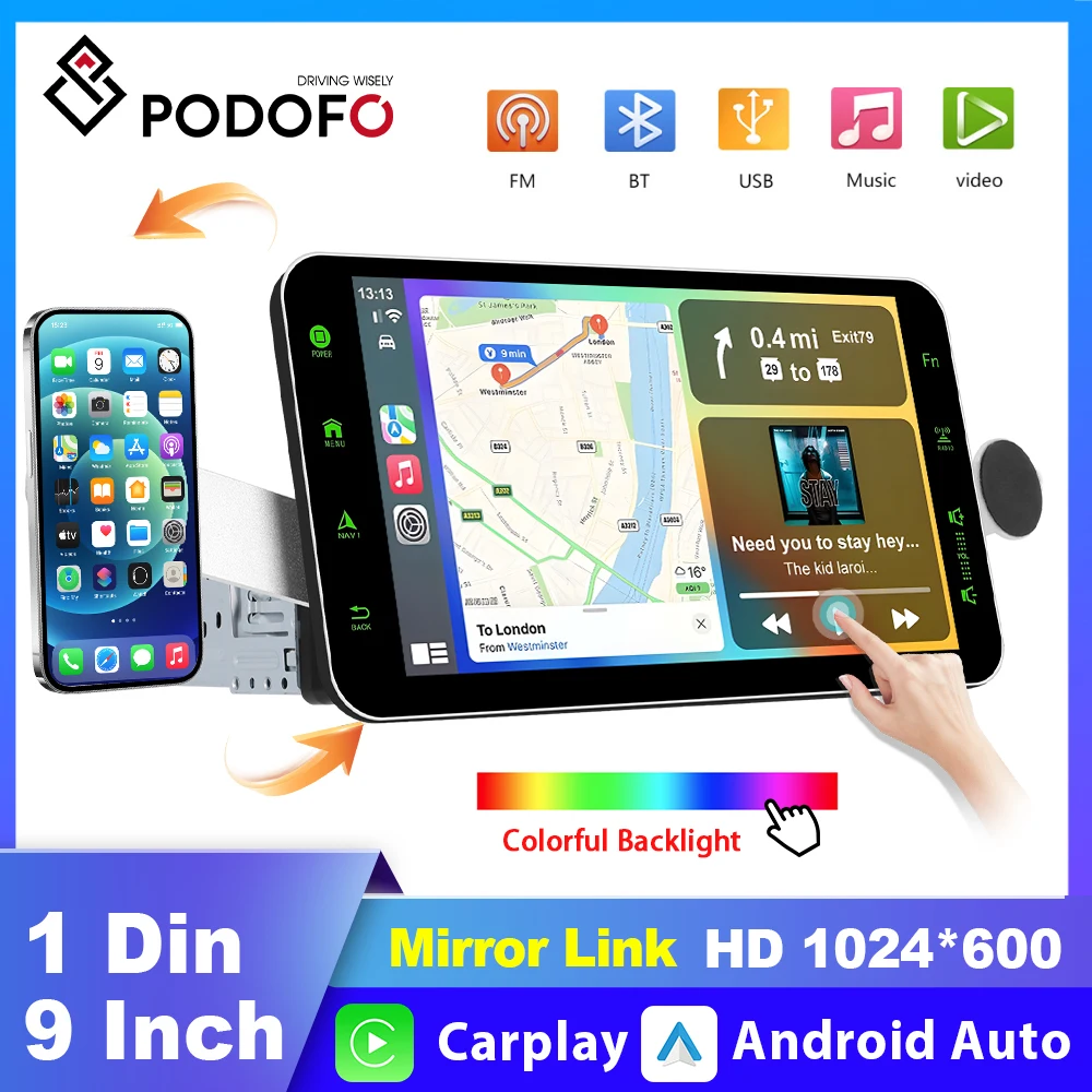 

Podofo 9" 1Din Car Radio MP5 Player Carplay CarRadio Android Auto Rotatable Screen 2+32G Multimedia Player GPS Navigation