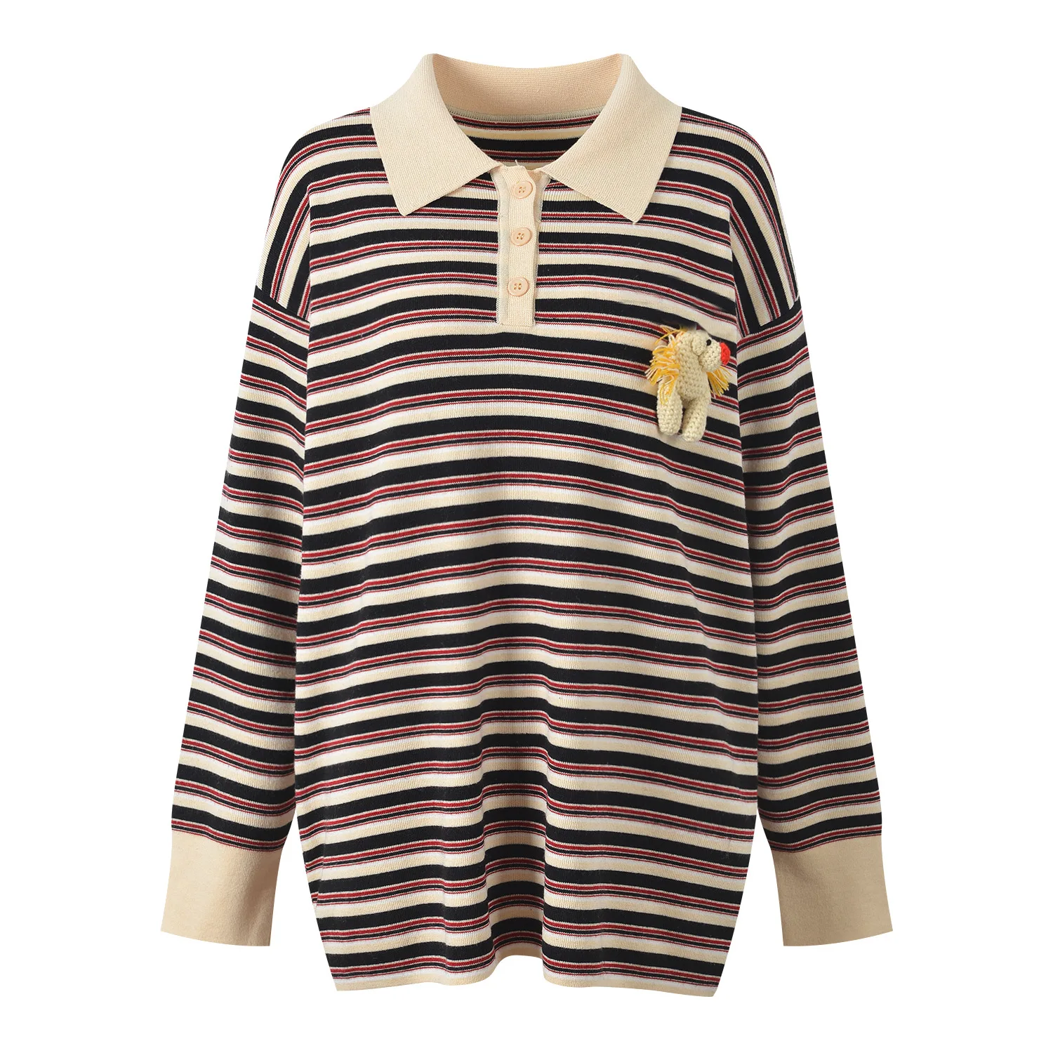 Luksusowy europejski sweter z dzianiny, luźny krój, wzór w paski, odmładzający, jesienno-zimowy, styl uniwersytecki, modny top.