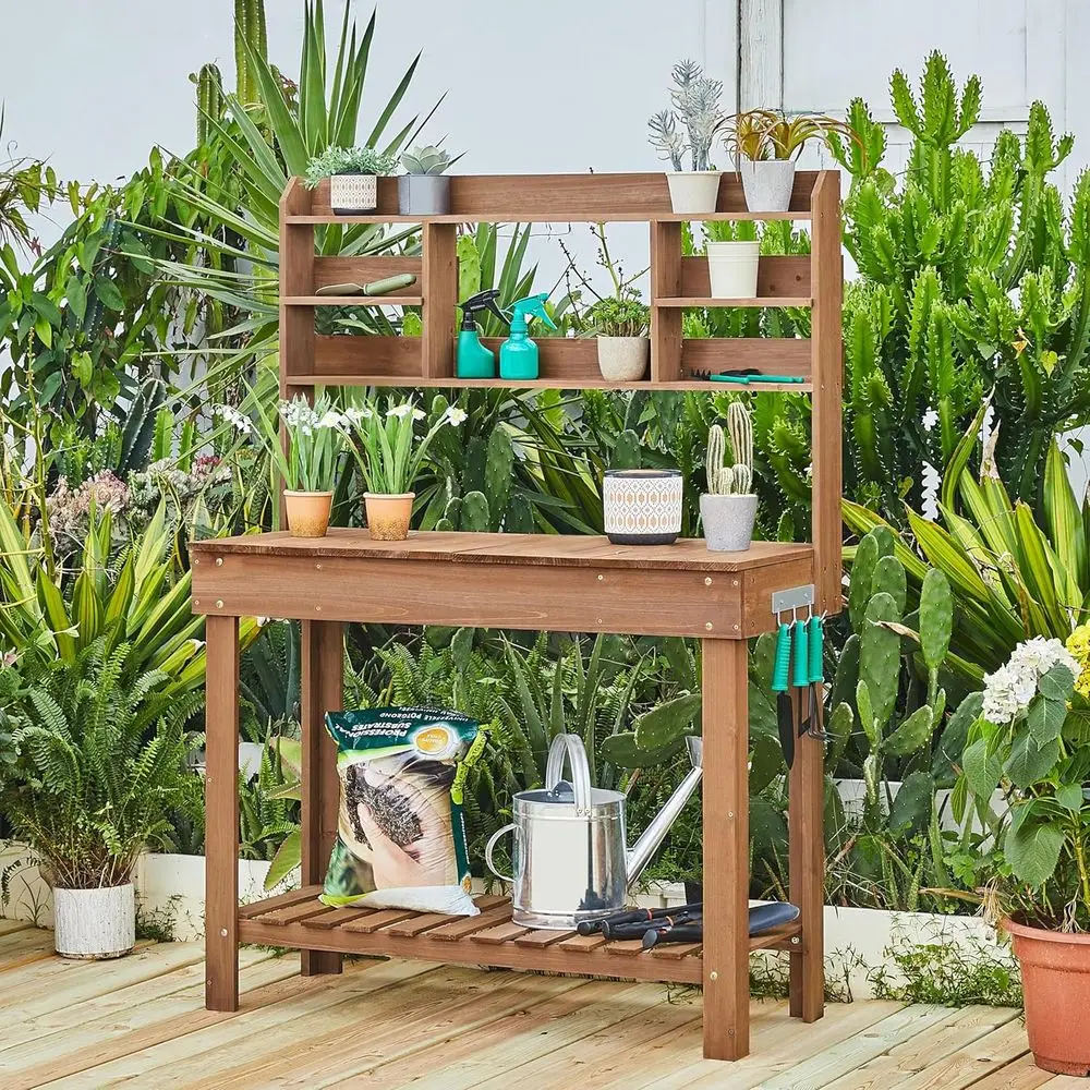 Outdoor Potting Bench, Sink, Display Rack & Storage Shelf - Brown | Built-in hangers keep essentials close; roomy worktop and re