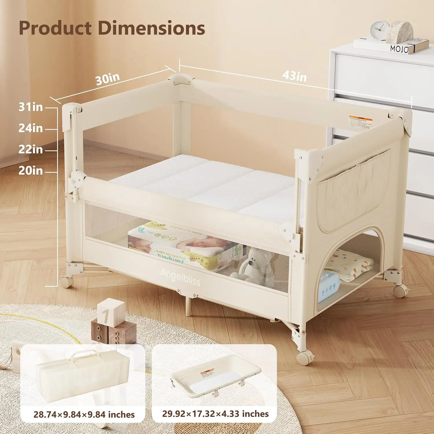 Baby Bassinet Bedside Crib, Pack and Play with Mattress, Diaper Changer, One-Push Setup Playards from Infants to Toddlers (Beige