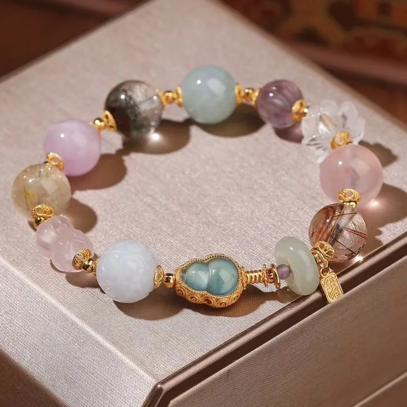 Natural Multi-treasure Crystal Bracelet Rutilated Kunzite Jadeite Hetian Jade Green Phantom S925 Silver Women Hand Jewelry
