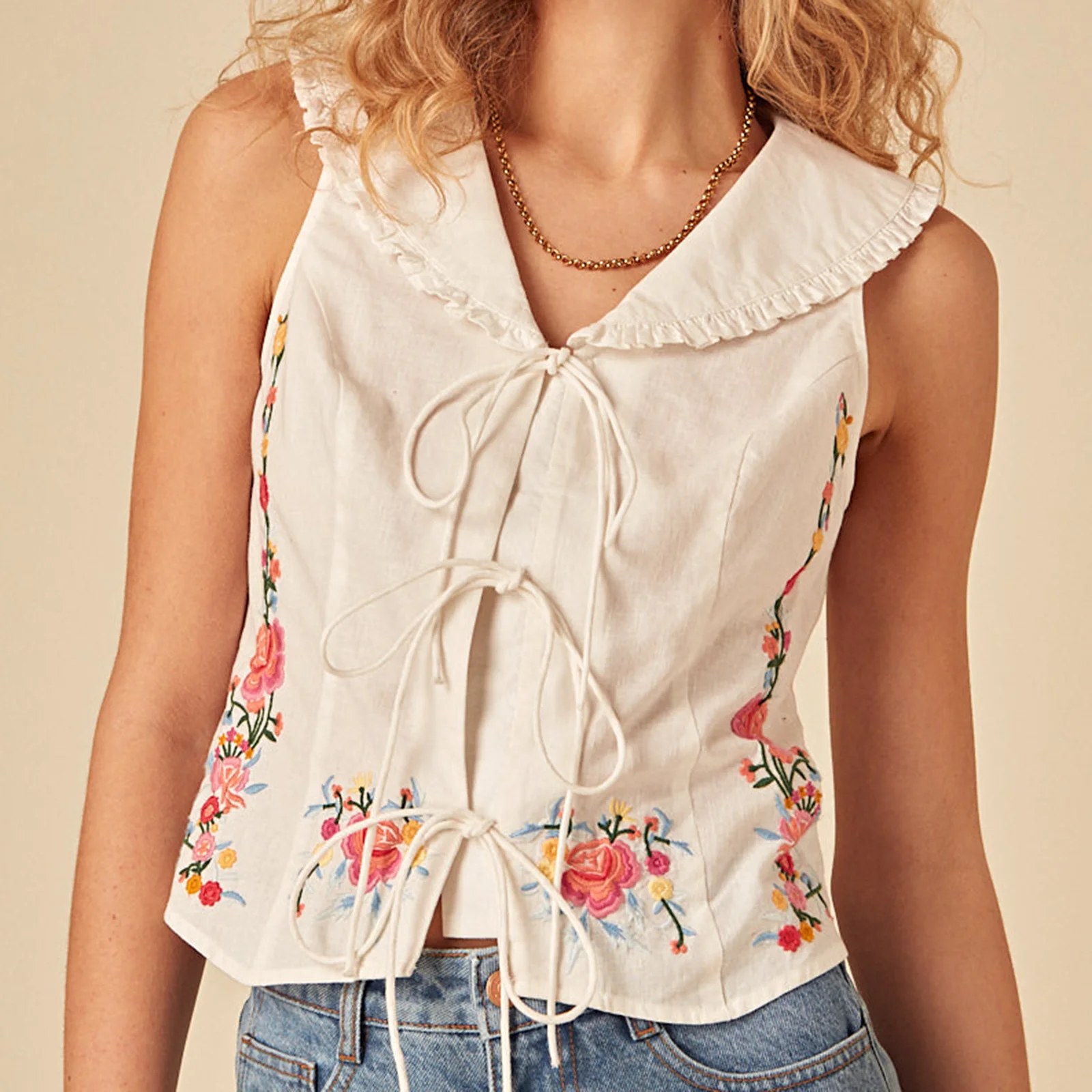 Canotte floreali da donna con risvolto, scollo a V, senza maniche, cravatta sul davanti, per vacanze al mare, feste estive, abbigliamento quotidiano, streetwear