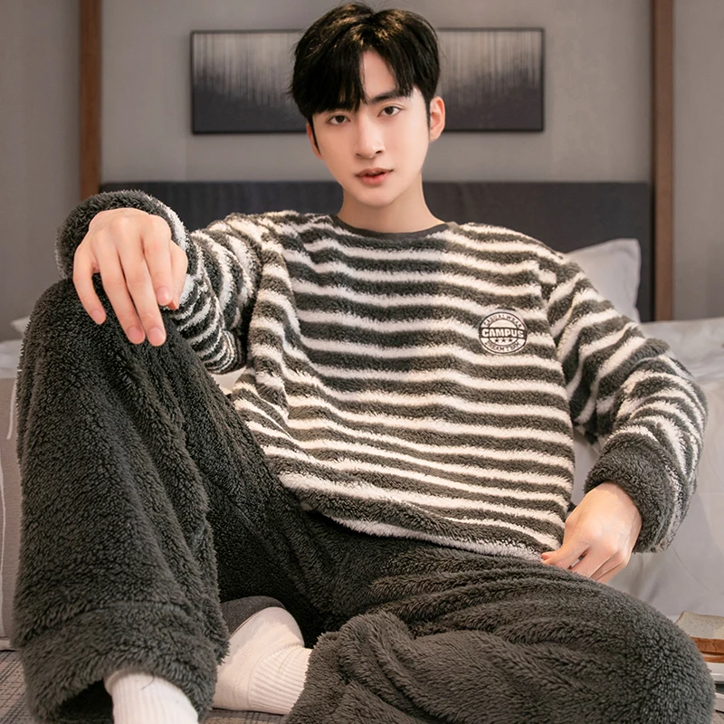 Plush Velvet Pajamas Men Striped Loose Thick Coral Fleece Home Service Suit Autumn Winter Keep Warm Pyjamas Casual Tracksuit 3XL