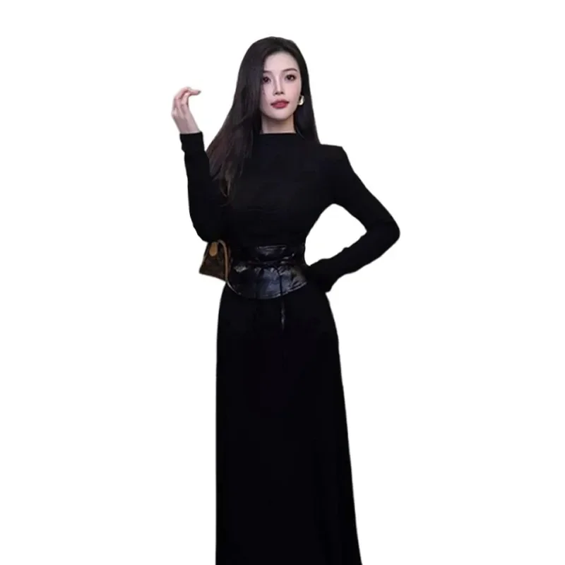 Dresses Long Sleeved Womens Dress Lady Autumn Modal Grayish Blue Half-Turtleneck Smocking Pleated Waistband Preppy Students Chic