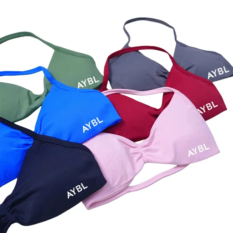 

AYBI Women's Sports Bra Candy Color Lace-Up Halter Yoga Gym Removable Insert Workout Top Halter Sports Bra