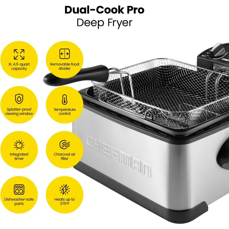 4.5L Dual Cook Deep Fryer with Basket Strainer and Removable Divider, Jumbo XL Size, Adjustable Temp & Timer, Easy to Clean