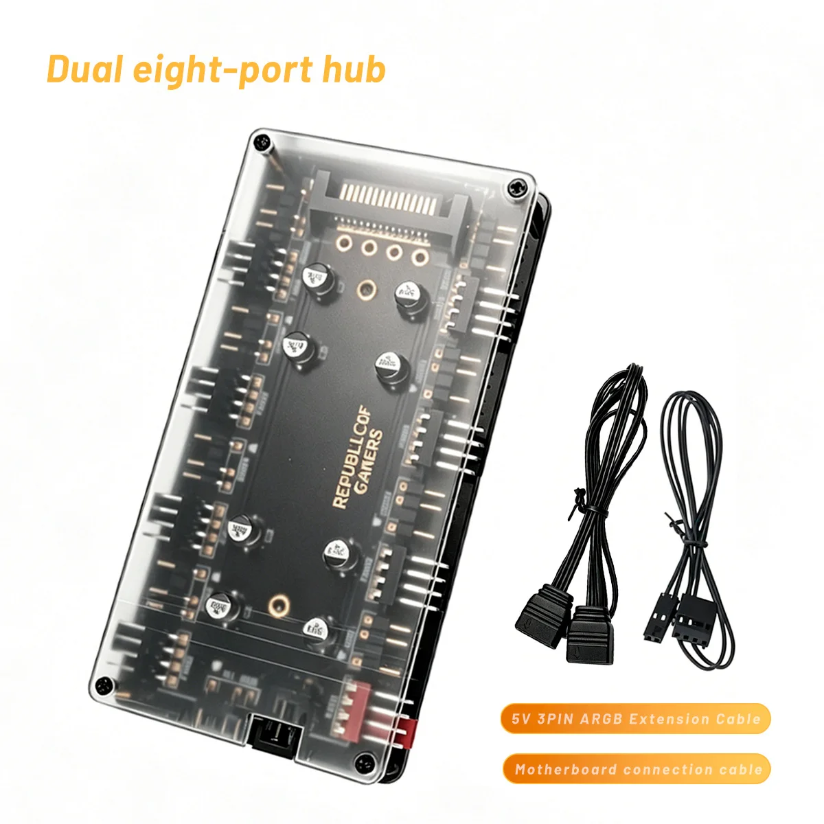 8 Way ARGB & PWM Fan Hub Splitter, 5V 3Pin RGB Lighting + 4Pin Fan Speed Control, SATA Powered 2-in-1 Hub with Acrylic Case