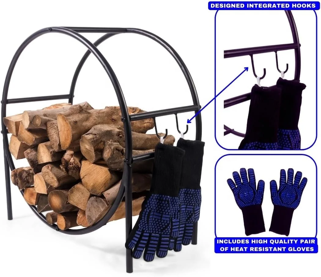 Firewood Hoop Rack for Indoor or Outdoor with Pair of Heat Resistance Blue Gloves.Firewood Top Holder, Wood Storage Ring