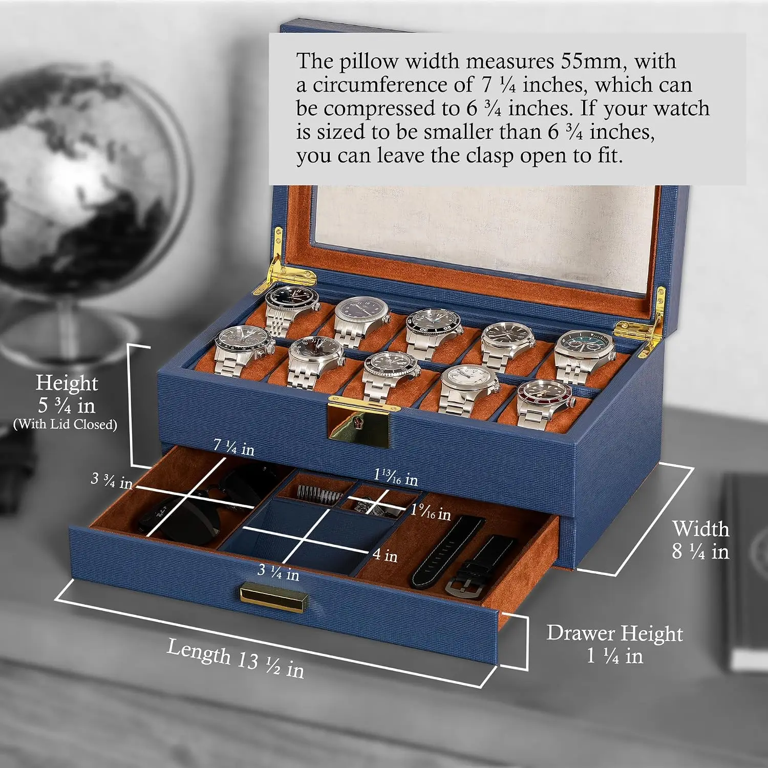 10-Slot Watch Box in Leather with Valet Drawer, Luxury Watch Case Display Organizer with Ultra Soft Microsuede Liner, Jewelry an